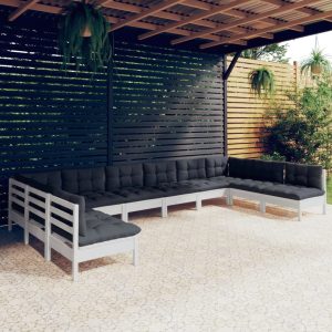 Set Divani Da Giardino 10 Pz Con Cuscini Bianchi Legno Di Pino