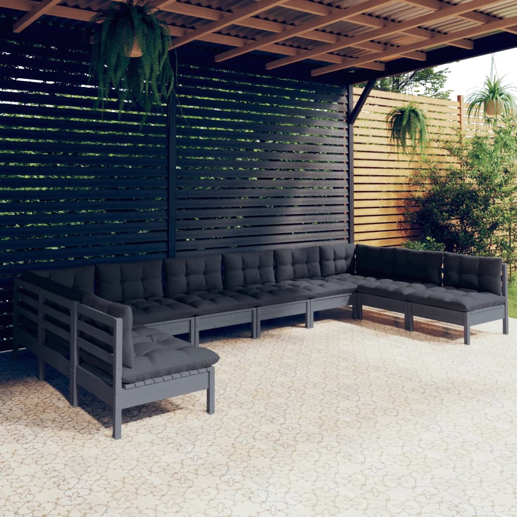 Set Divani Da Giardino 10 Pz Con Cuscini Grigi Massello Di Pino