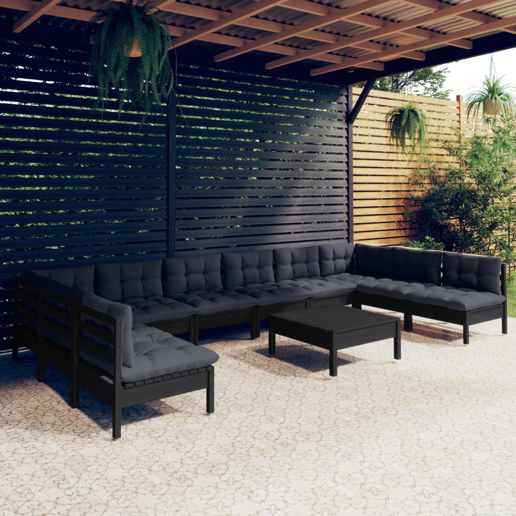 Set Divani Da Giardino 11 Pz Con Cuscini Neri Massello Di Pino