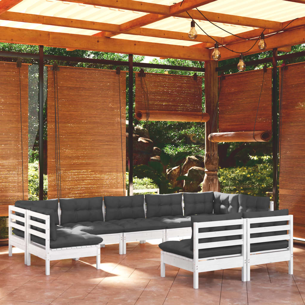 Set Divani Da Giardino 9 Pz Con Cuscini Bianchi Legno Di Pino