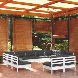 Set Divani Da Giardino 11 Pz Con Cuscini Bianchi Legno Di Pino