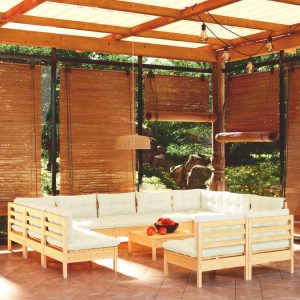Set Divani Da Giardino 12 Pz Con Cuscini Crema Massello Di Pino