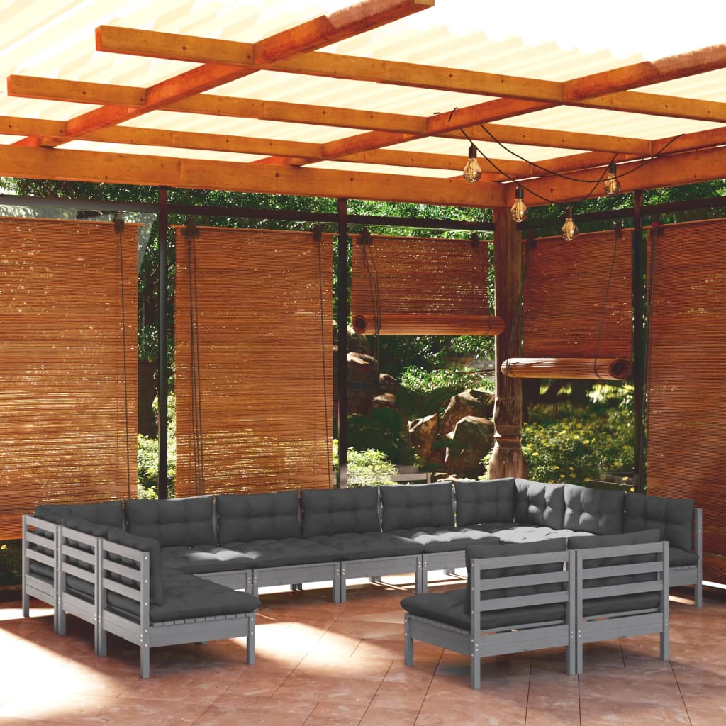 Set Divani Da Giardino 12 Pz Con Cuscini Grigi Massello Di Pino