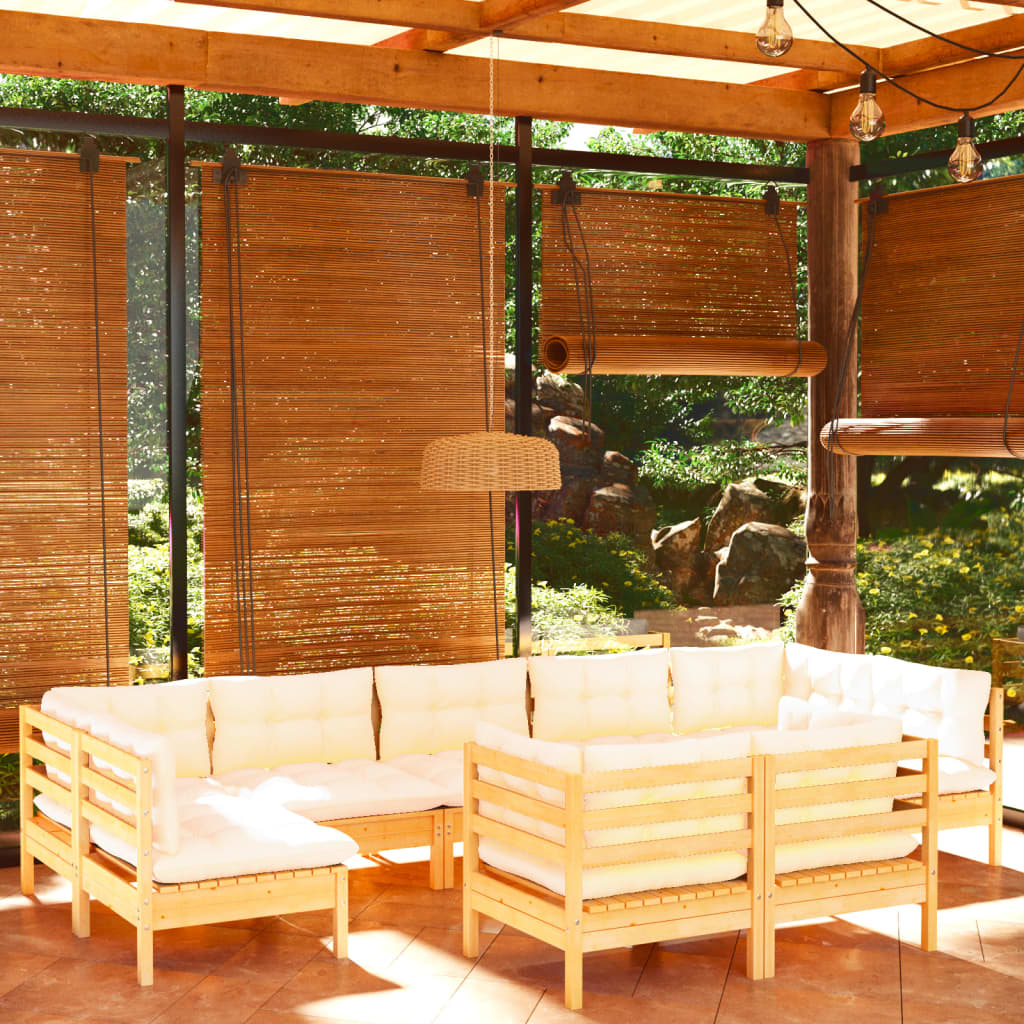 Set Divani Da Giardino 9 Pz Con Cuscini Crema In Massello Di Pino