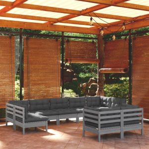 Set Divani Da Giardino 9 Pz Con Cuscini Grigi Massello Di Pino
