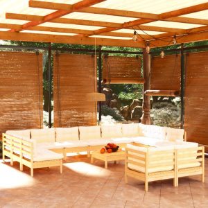 Set Salotto Da Giardino 13pz Con Cuscini Crema In Legno Di Pino