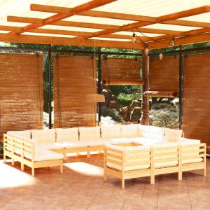 Set Salotto Da Giardino 13pz Con Cuscini Crema In Legno Di Pino