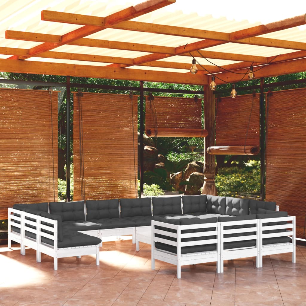 Set Divani Da Giardino 14 Pz Con Cuscini Bianchi Legno Di Pino