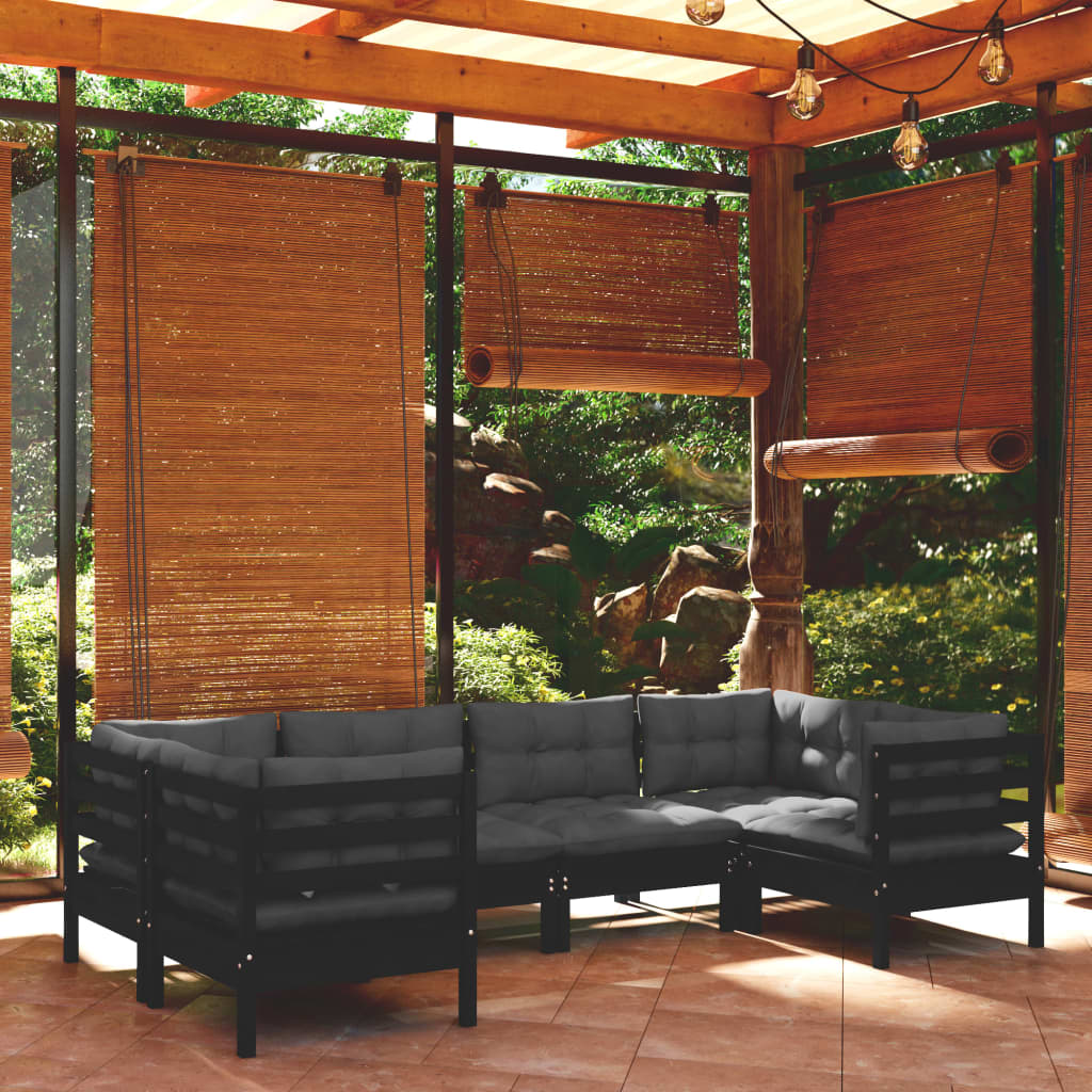Set Divani Da Giardino 6 Pz Con Cuscini Neri Massello Di Pino
