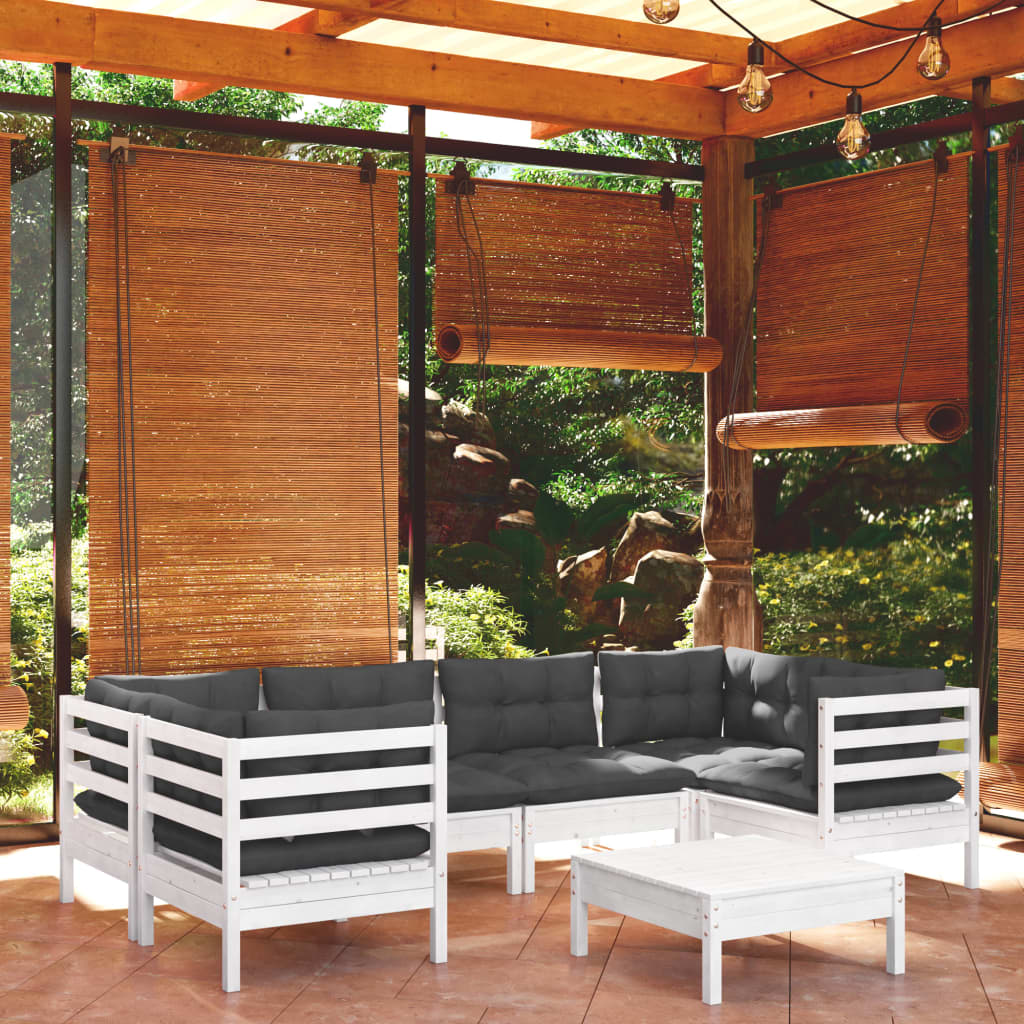 Set Divani Da Giardino 7 Pz Con Cuscini Bianchi Legno Di Pino
