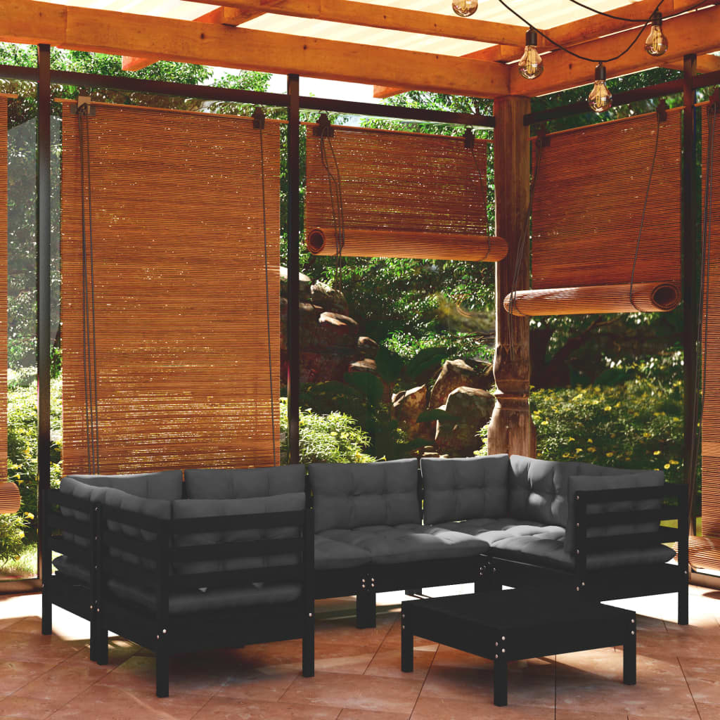 Set Divani Da Giardino 7 Pz Con Cuscini Neri In Legno Di Pino