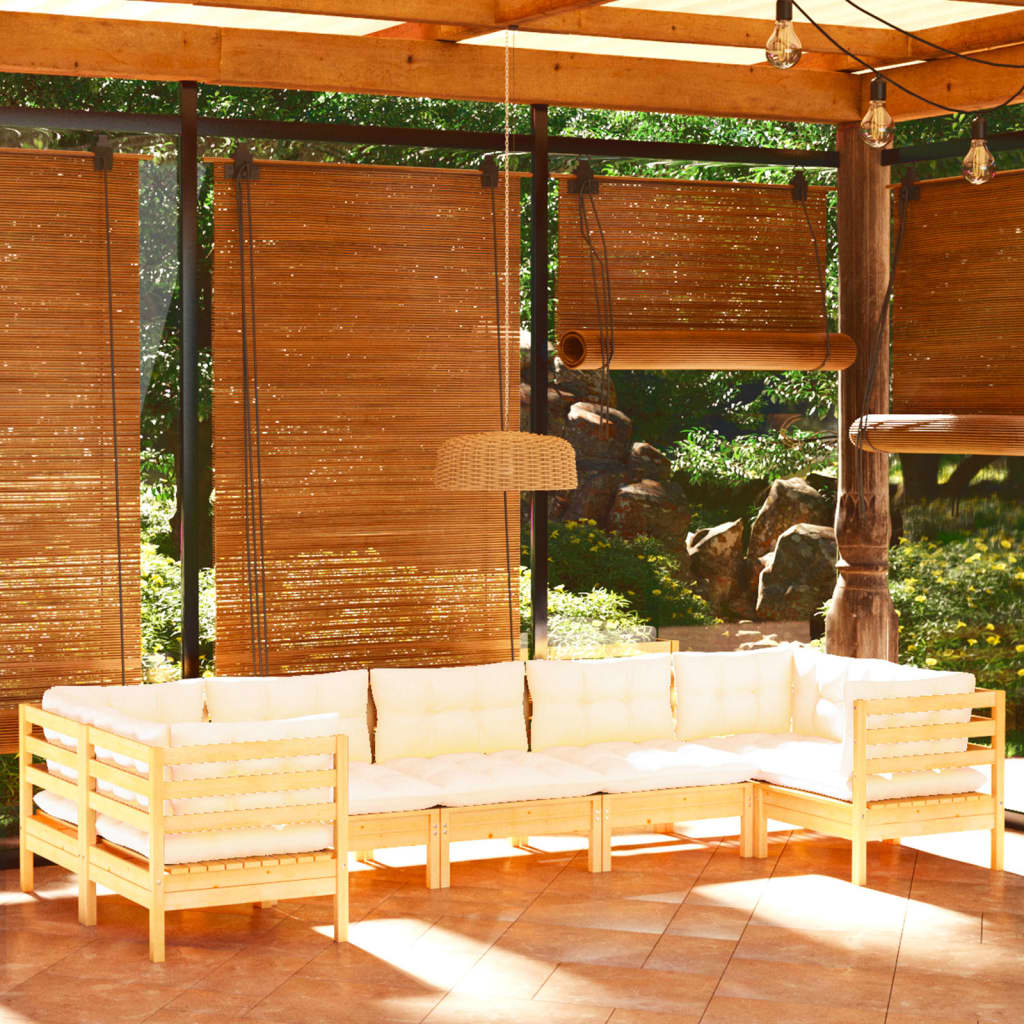 Set Salotto Da Giardino 7pz Con Cuscini Crema In Legno Di Pino