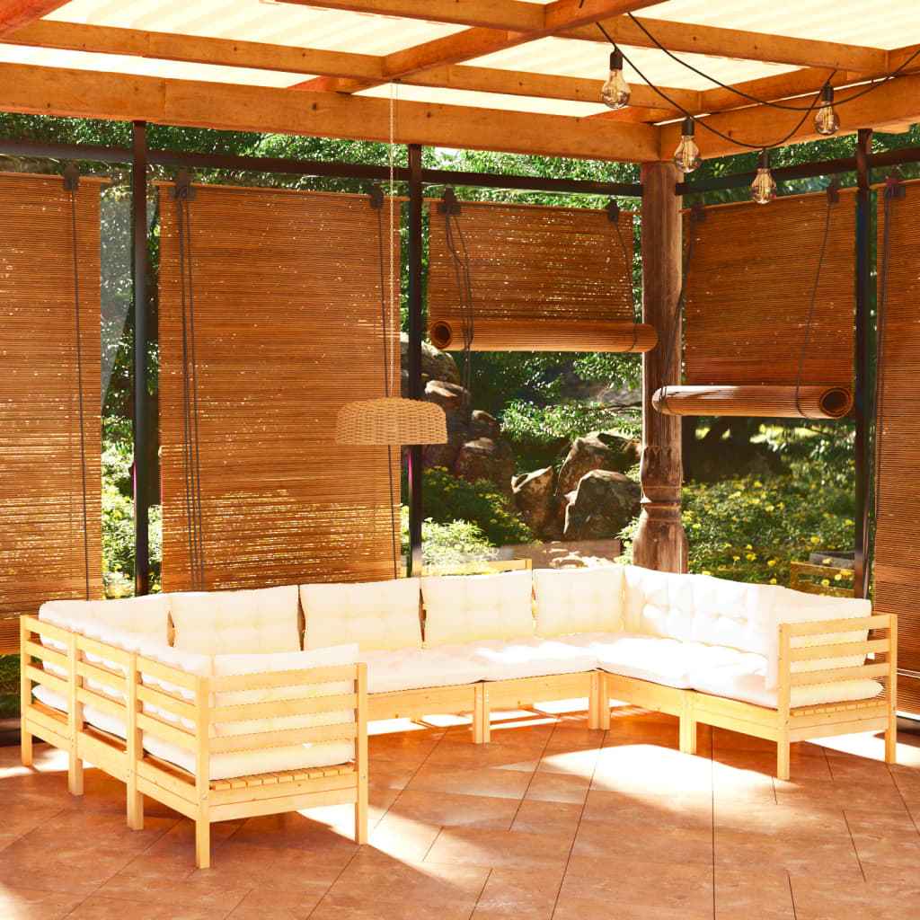 Set Salotto Da Giardino 9 Pz Con Cuscini Crema In Legno Di Pino