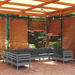 Set Divani Da Giardino 9 Pz Con Cuscini Grigi Massello Di Pino