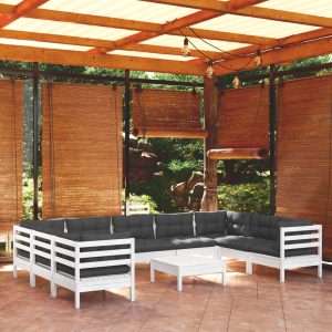 Set Divani Da Giardino 10 Pz Con Cuscini Bianchi Legno Di Pino
