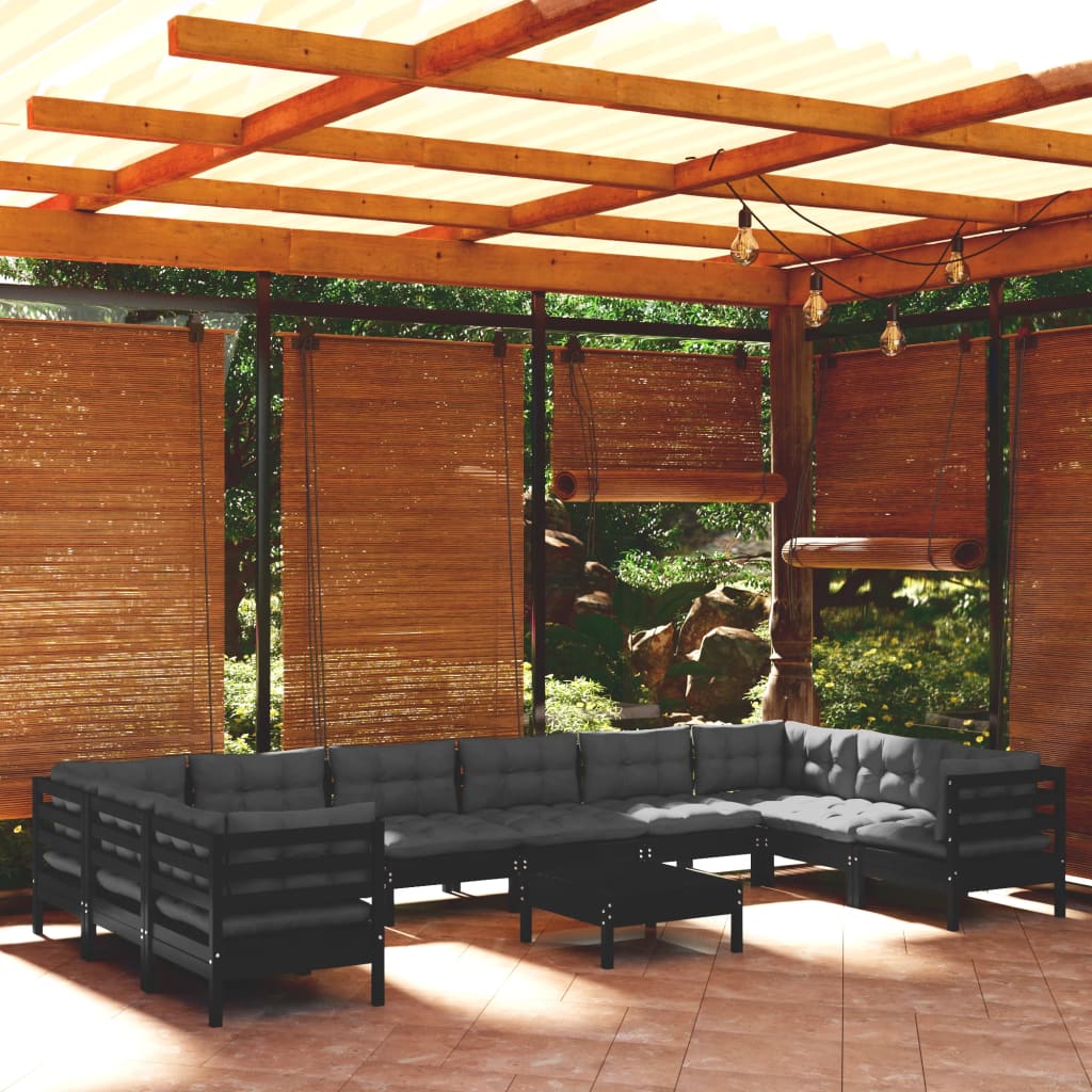 Set Divani Da Giardino 11 Pz Con Cuscini Neri In Legno Di Pino