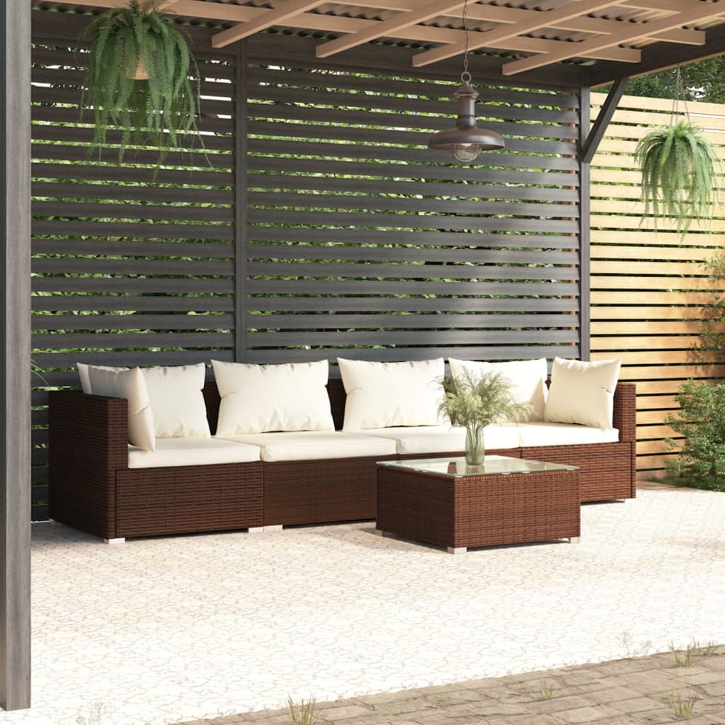 Set Divani Da Giardino 5 Pz Con Cuscini In Polyrattan Marrone
