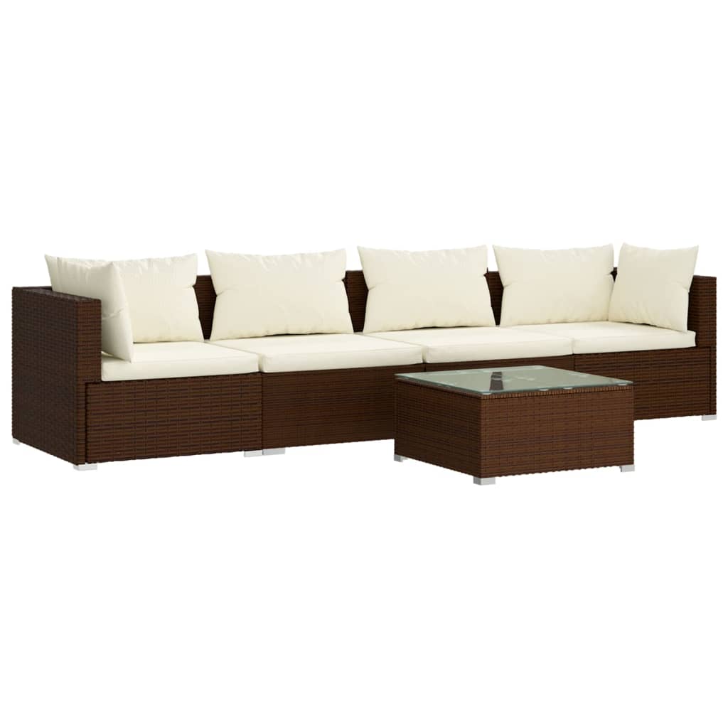 Set Divani Da Giardino 5 Pz Con Cuscini In Polyrattan Marrone - Image 2