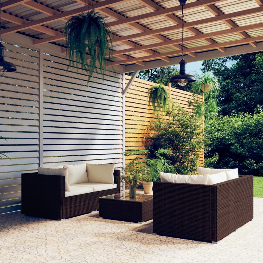 Set Divani Da Giardino 5 Pz Con Cuscini In Polyrattan Marrone
