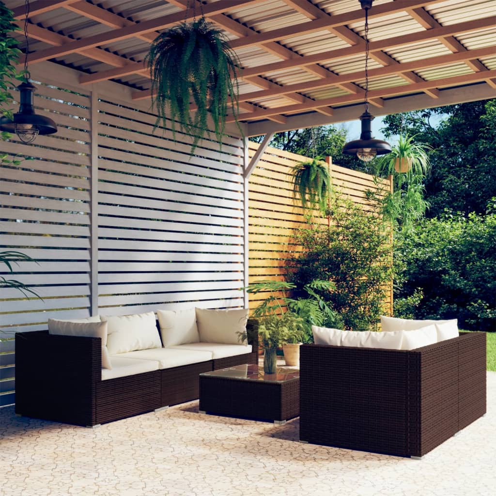 Set Divani Da Giardino 6 Pz Con Cuscini In Polyrattan Marrone