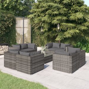 Set Divani Da Giardino 9 Pz Con Cuscini In Polyrattan Grigio