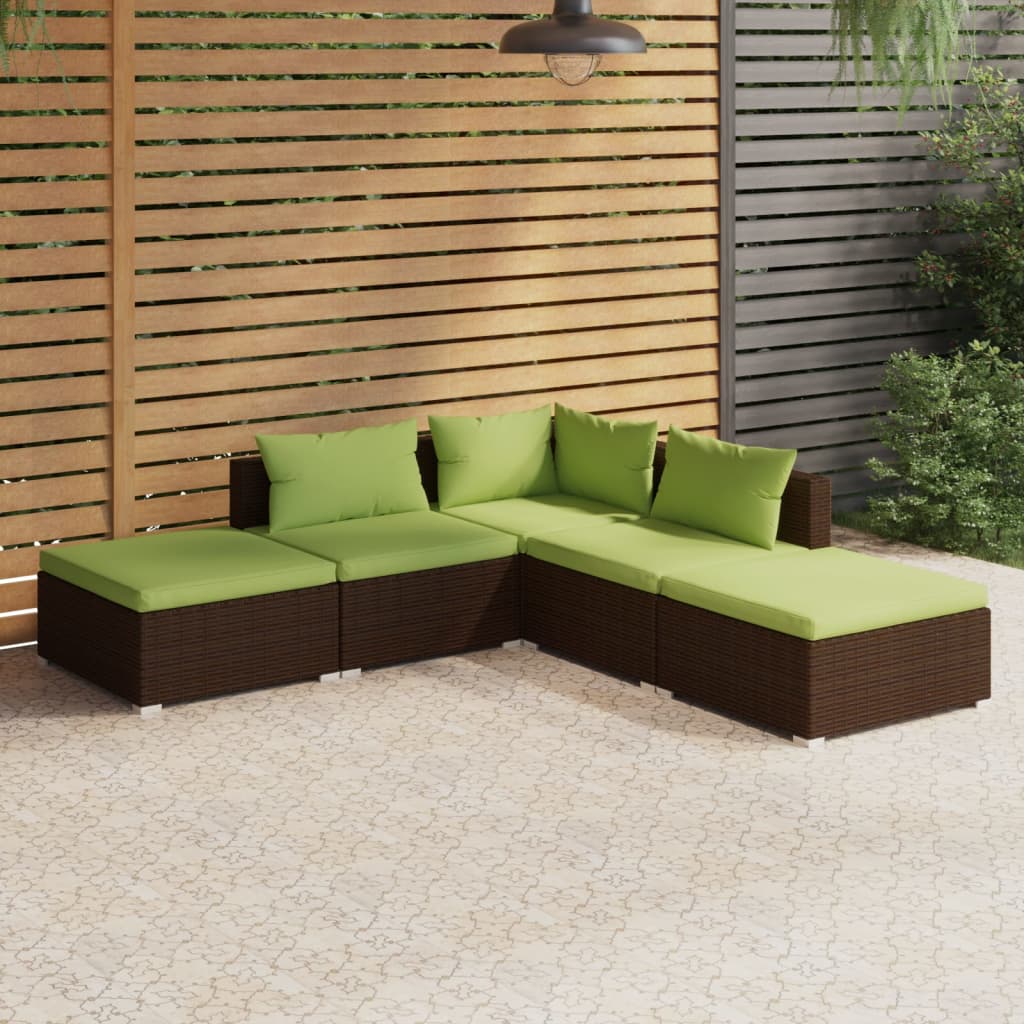 Set Divani Da Giardino 5 Pz Con Cuscini In Polyrattan Marrone