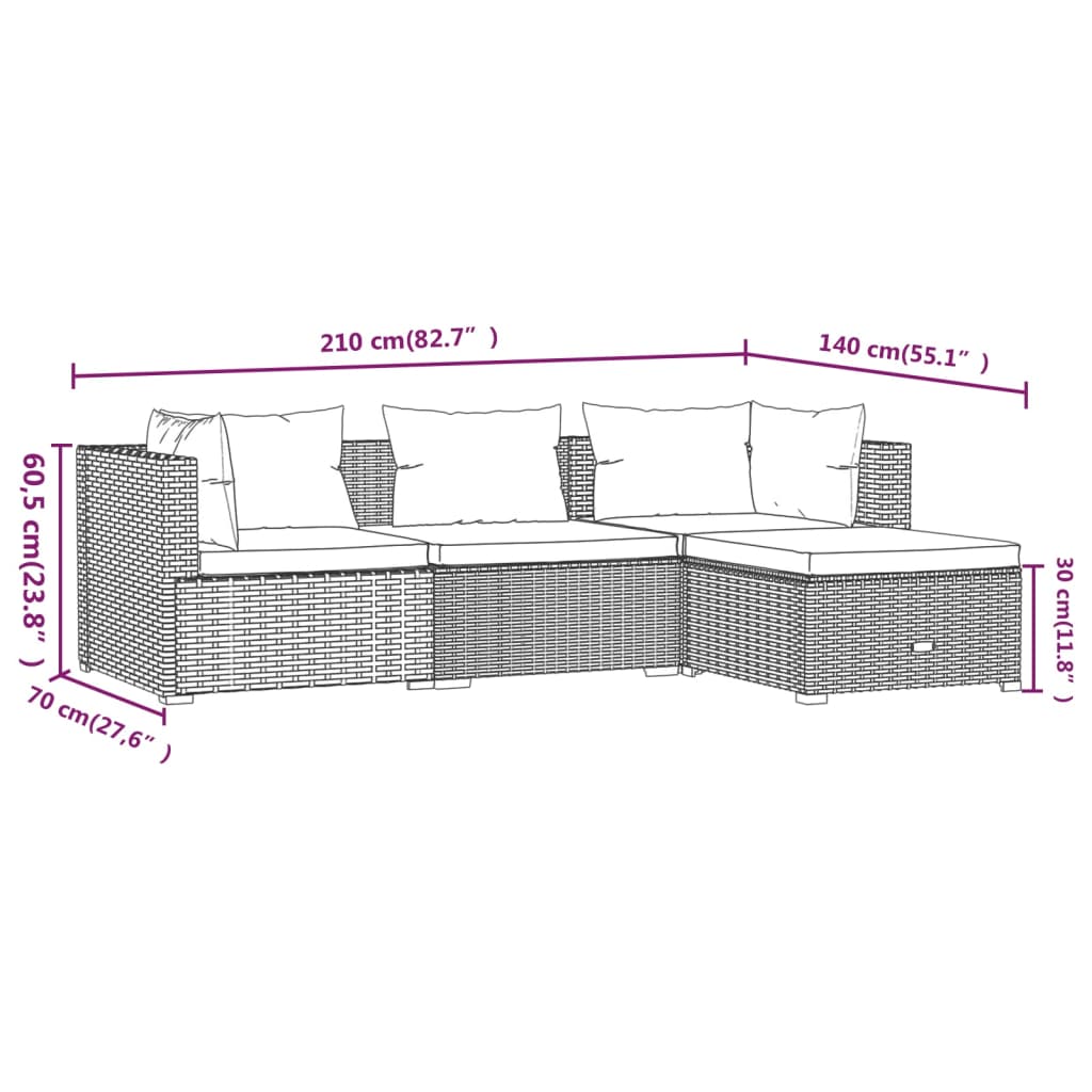 Set Divani Da Giardino 4 Pz Con Cuscini In Polyrattan Grigio - Image 6