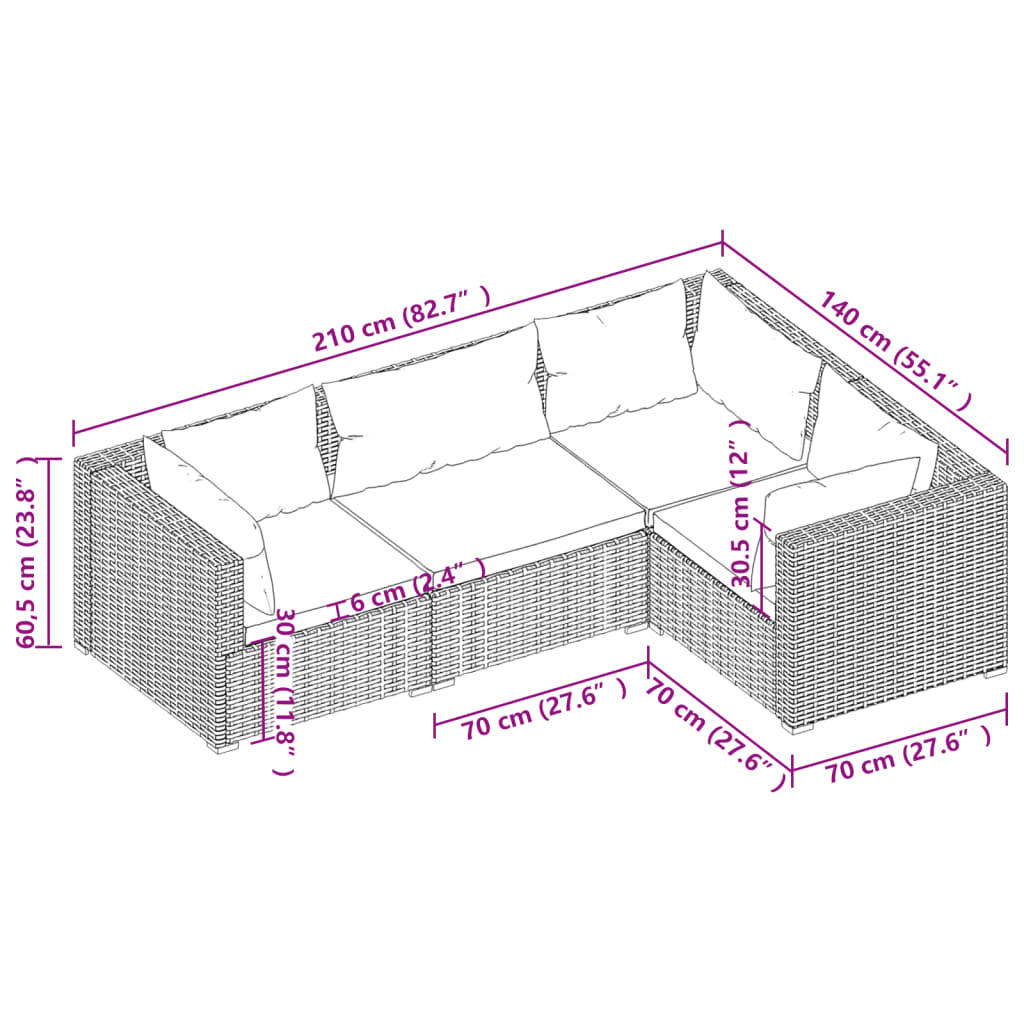 Set Divani Da Giardino 4 Pz Con Cuscini In Polyrattan Marrone - Image 5