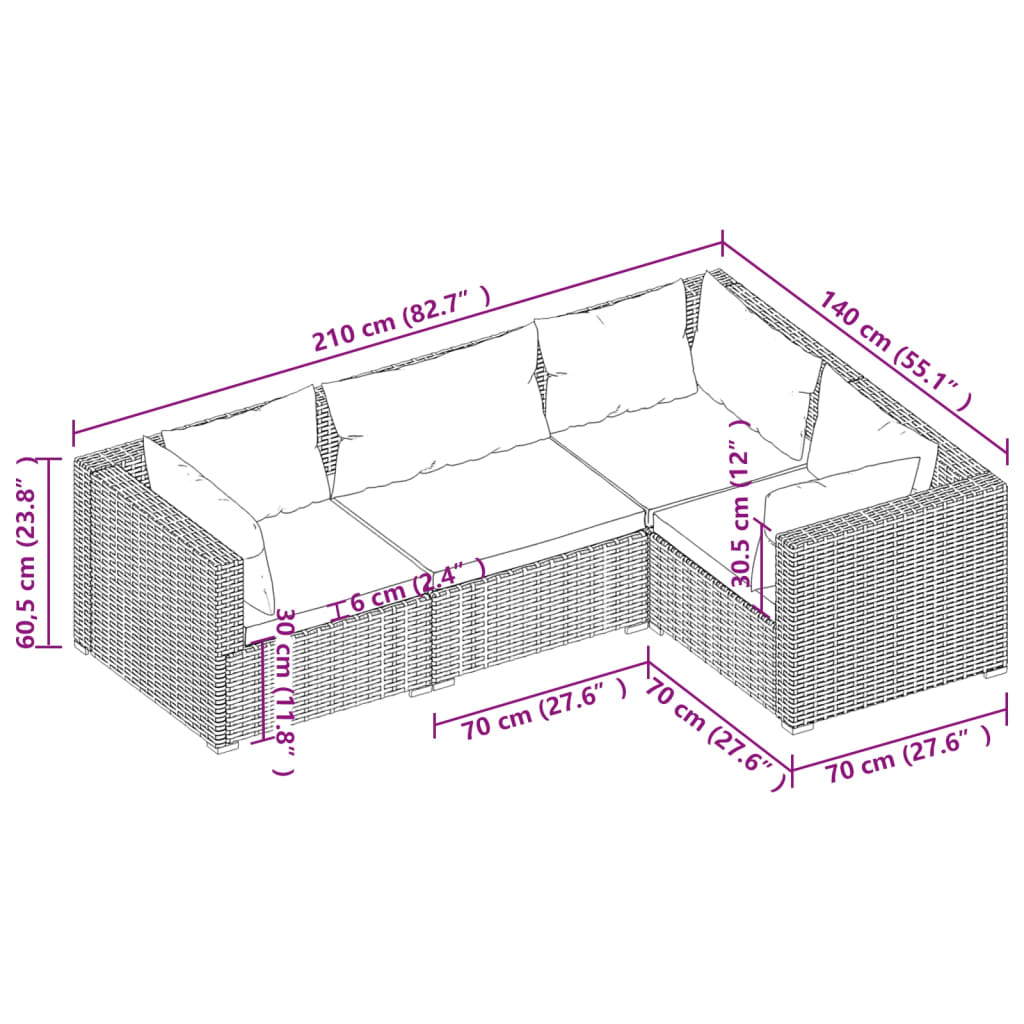Set Divani Da Giardino 4 Pz Con Cuscini In Polyrattan Grigio - Image 5