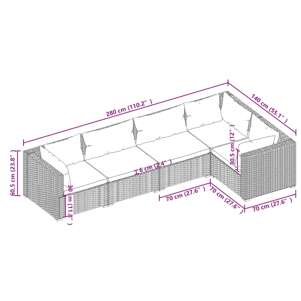 Set Divani Da Giardino 5 Pz Con Cuscini In Polyrattan Nero - Image 5