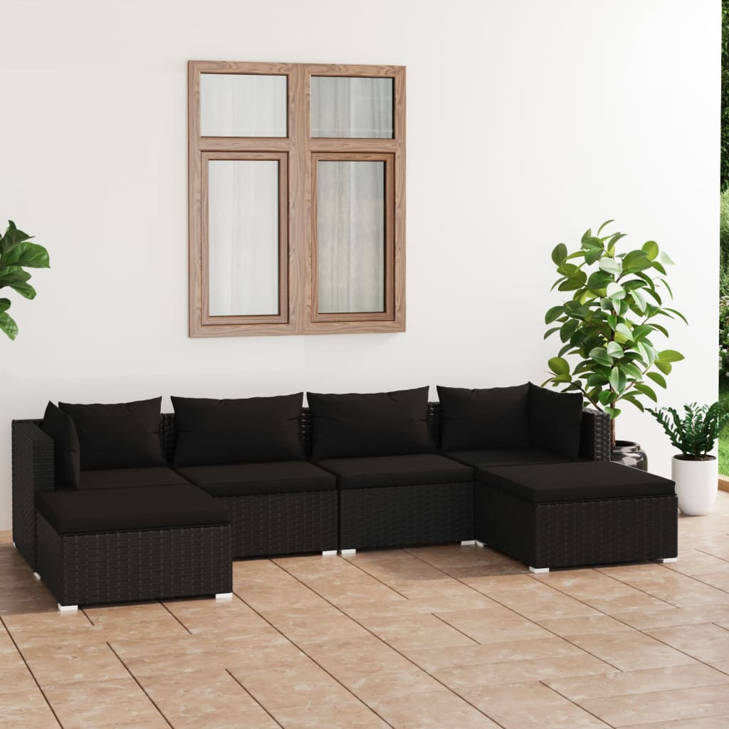 Set Salotto Da Giardino 6 Pz Con Cuscini In Polyrattan Nero