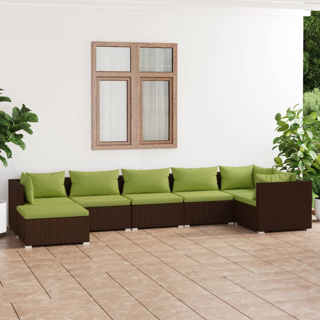 Set Divani Da Giardino 7 Pz Con Cuscini In Polyrattan Marrone