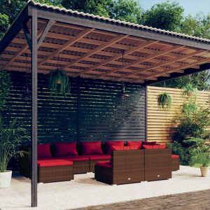 Set Divani Da Giardino 9 Pz Con Cuscini In Polyrattan Marrone