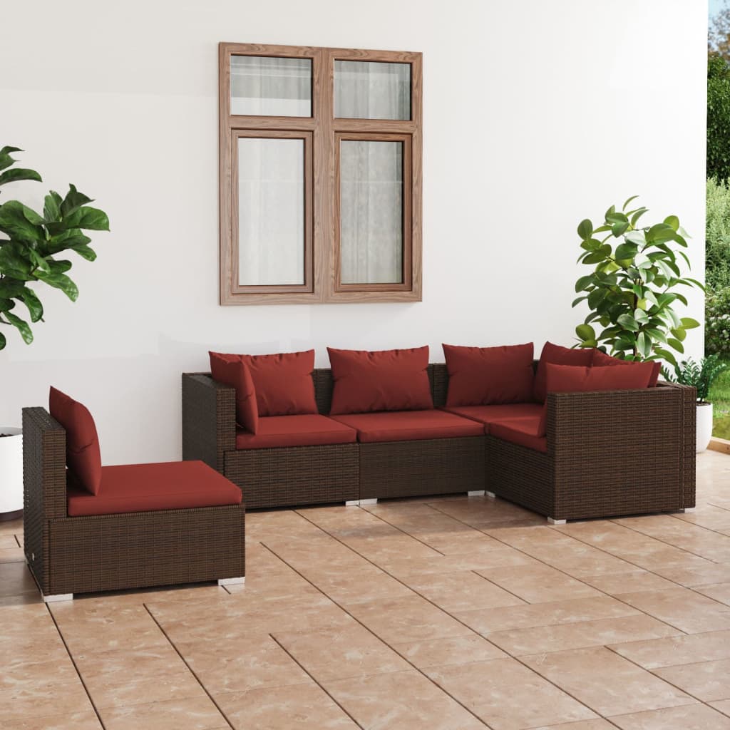 Set Divani Da Giardino 5 Pz Con Cuscini In Polyrattan Marrone