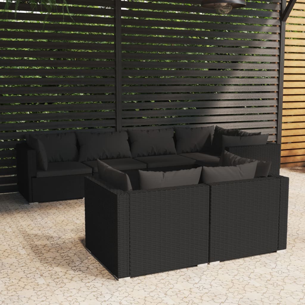Set Salotto Da Giardino Con Cuscini 7pz Nero Polyrattan