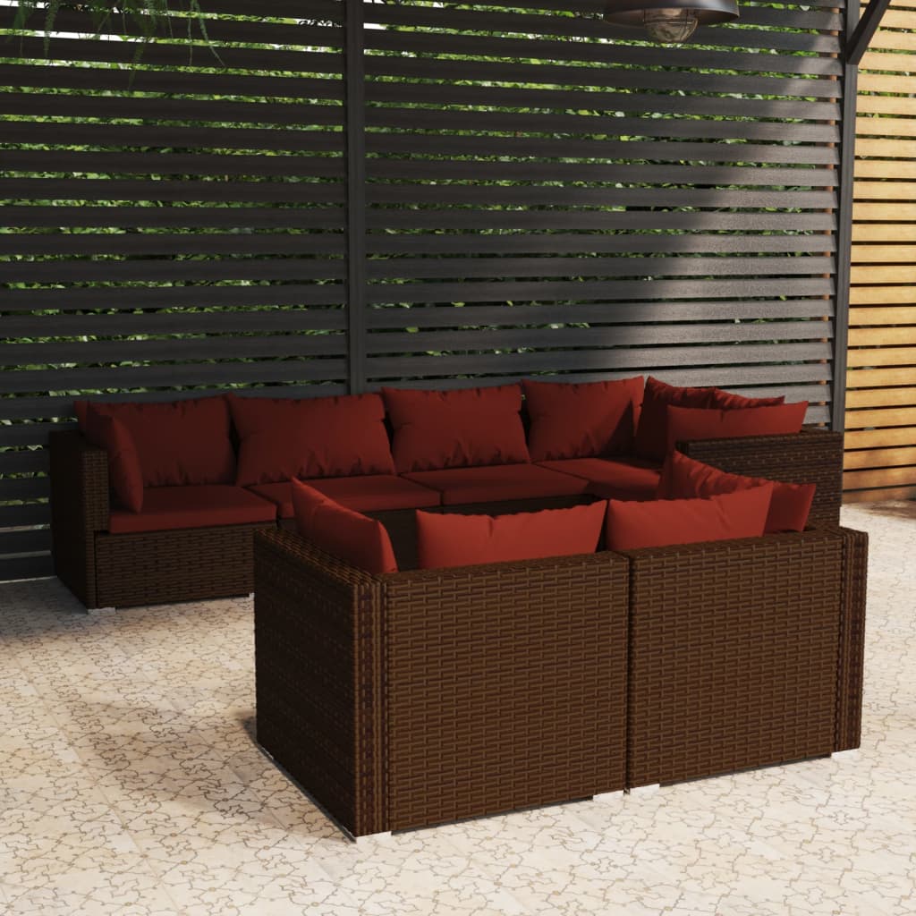 Set Divani Da Giardino 7 Pz Con Cuscini In Polyrattan Marrone