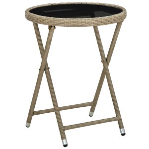 Tavolino Beige 60 Cm In Polyrattan E Vetro Temperato