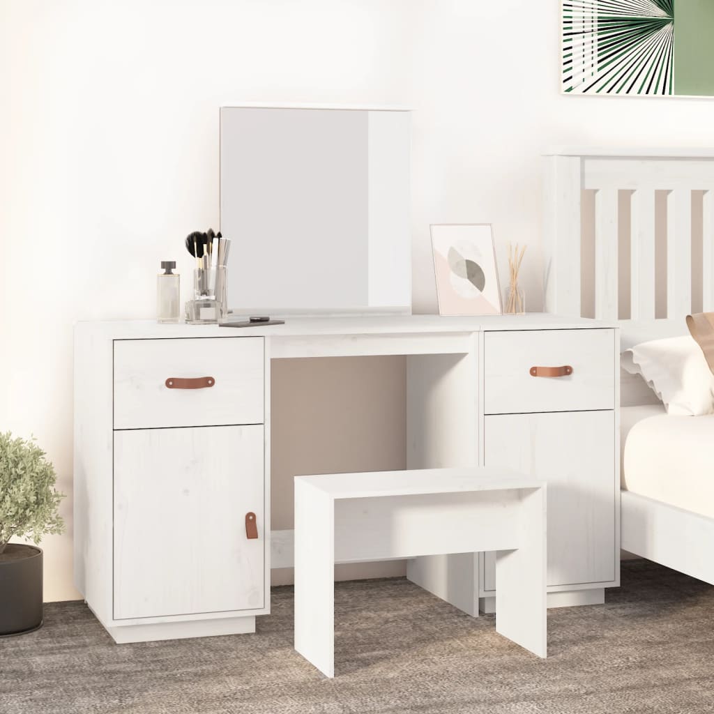 Set Toeletta Con Specchio Bianco In Legno Massello Di Pino