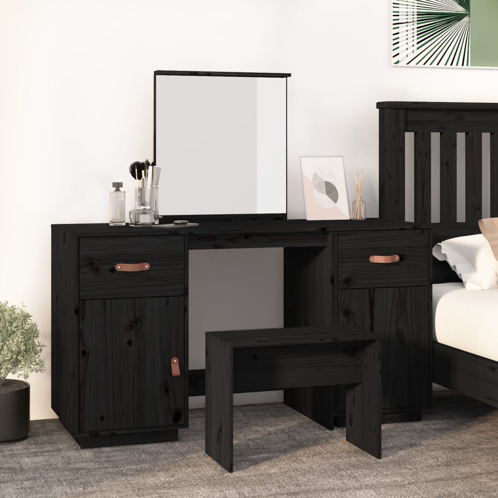 Set Toeletta Con Specchio Nero In Legno Massello Di Pino