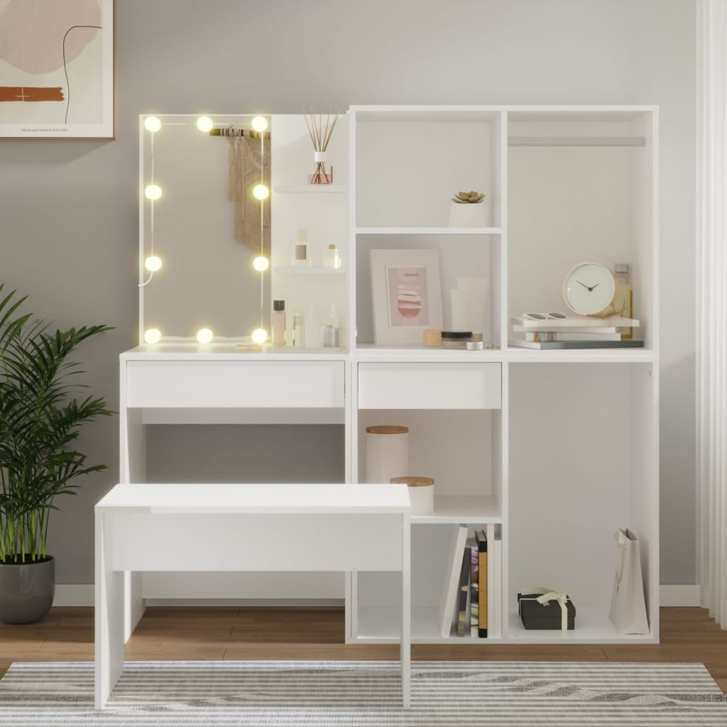 Set Tavolo Da Toeletta Bianco Con Led In Legno Multistrato