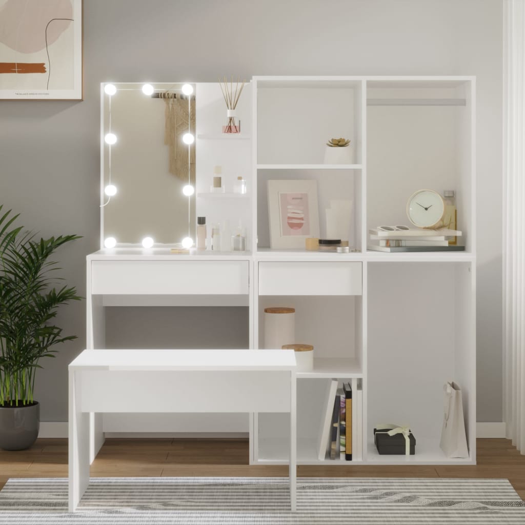 Set Tavolo Da Toeletta Bianco Con Led In Legno Multistrato - Image 3