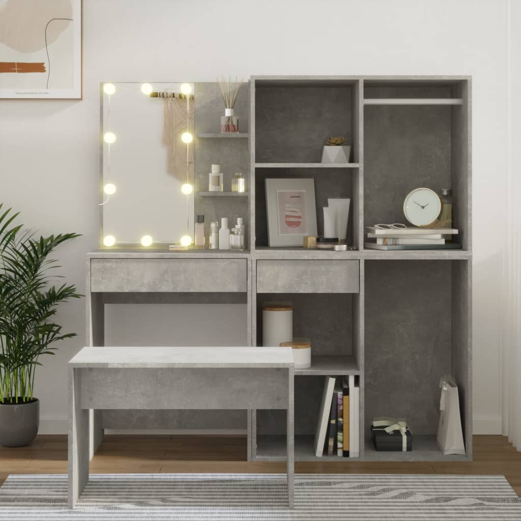 Set Tavolo Da Toeletta Grigio Cemento Con Led Legno Multistrato