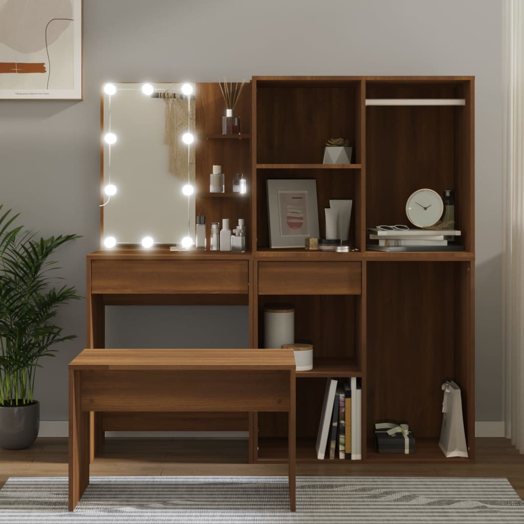 Set Tavolo Da Toeletta Con Led Rovere Marrone Legno Multistrato - Image 3