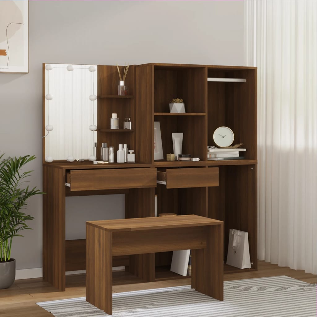 Set Tavolo Da Toeletta Con Led Rovere Marrone Legno Multistrato - Image 4