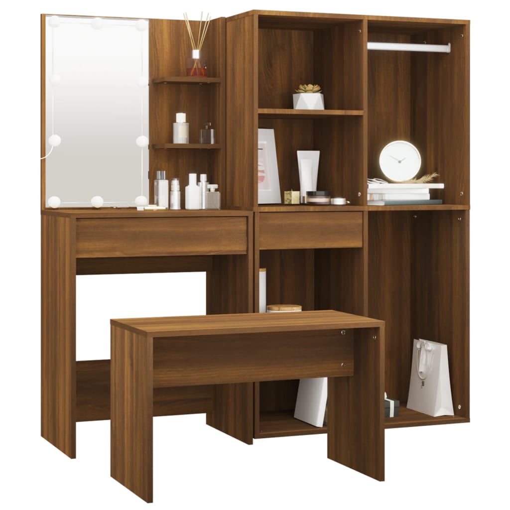 Set Tavolo Da Toeletta Con Led Rovere Marrone Legno Multistrato - Image 5