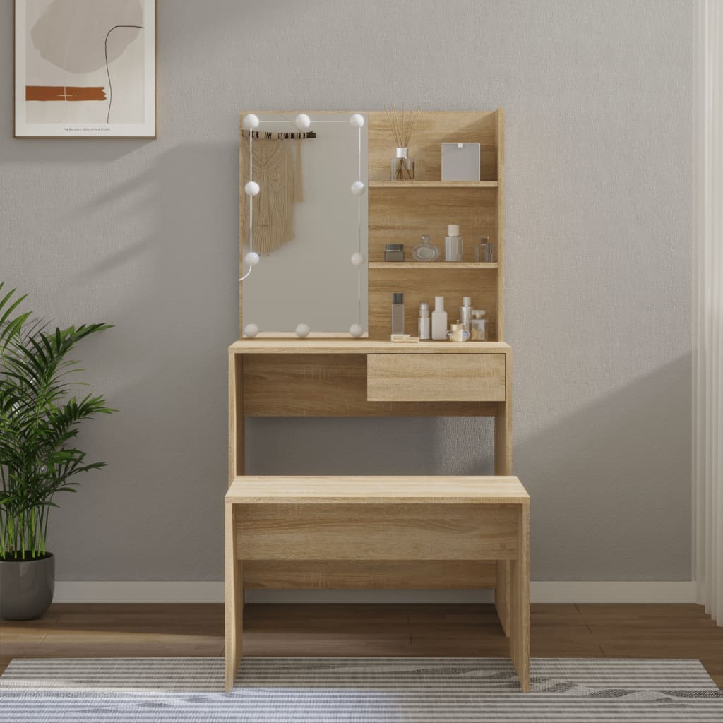 Set Tavolo Da Toeletta Con Led Rovere Sonoma Legno Multistrato