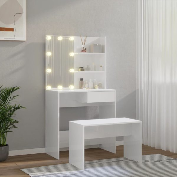 Set Tavolo Da Toeletta Bianco Lucido Con Led Legno Multistrato - Image 3