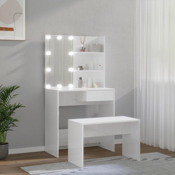 Set Tavolo Da Toeletta Bianco Lucido Con Led Legno Multistrato - Image 4