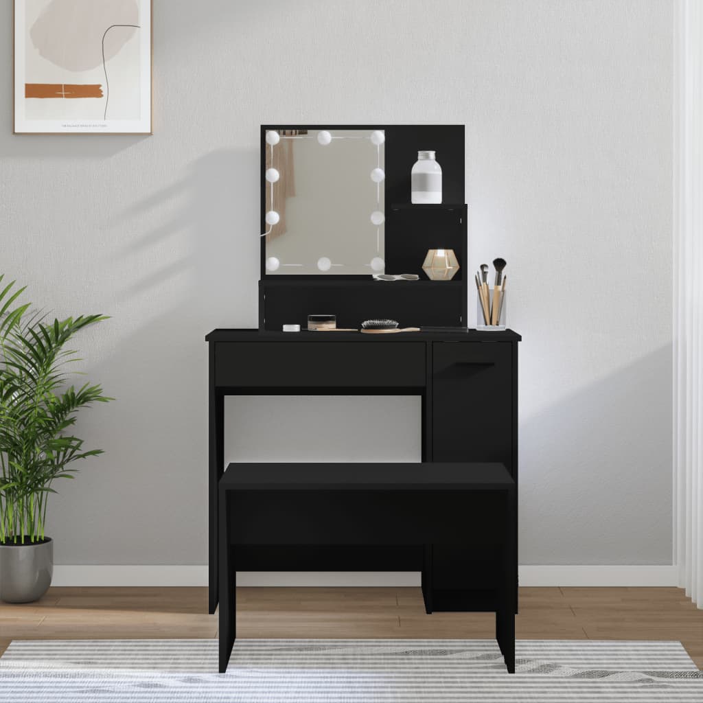 Set Tavolo Da Toeletta Con Led Nero In Legno Multistrato