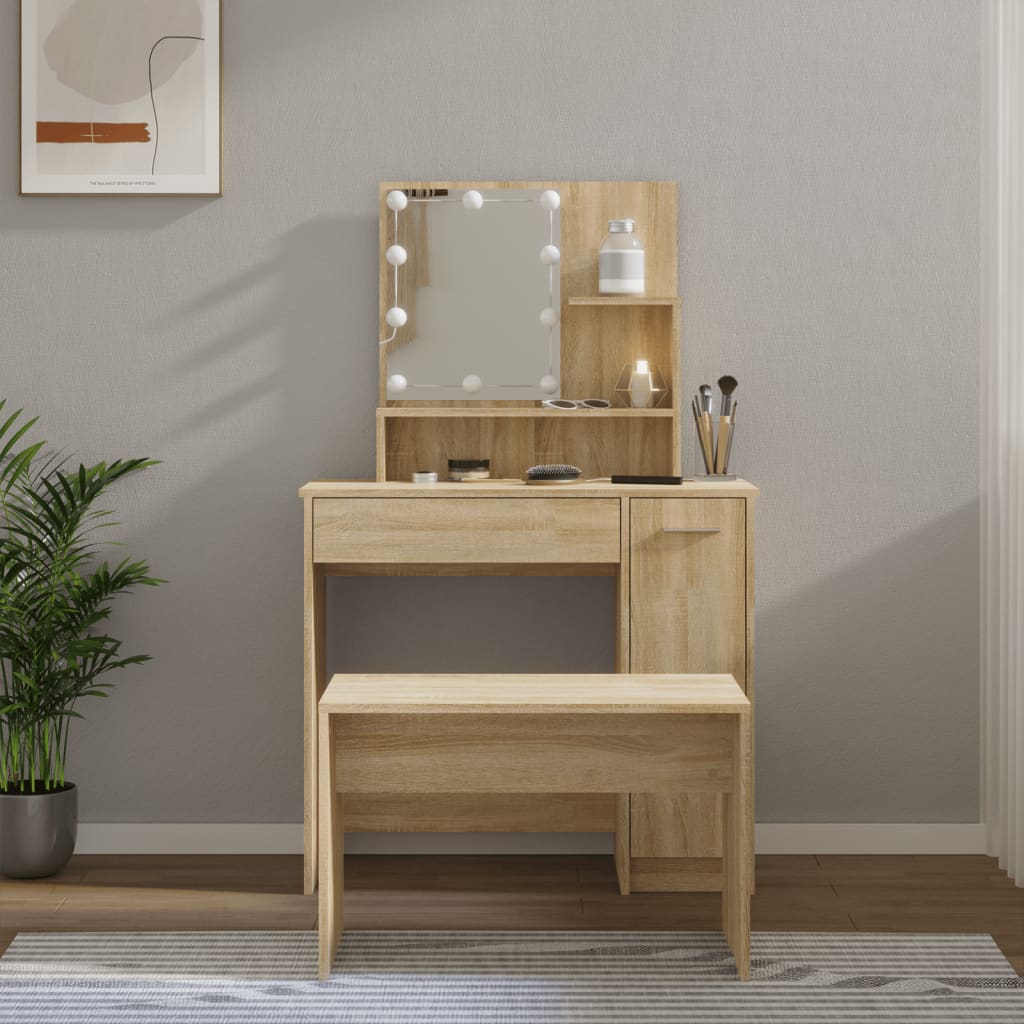 Set Tavolo Da Toeletta Con Led Rovere Sonoma Legno Multistrato